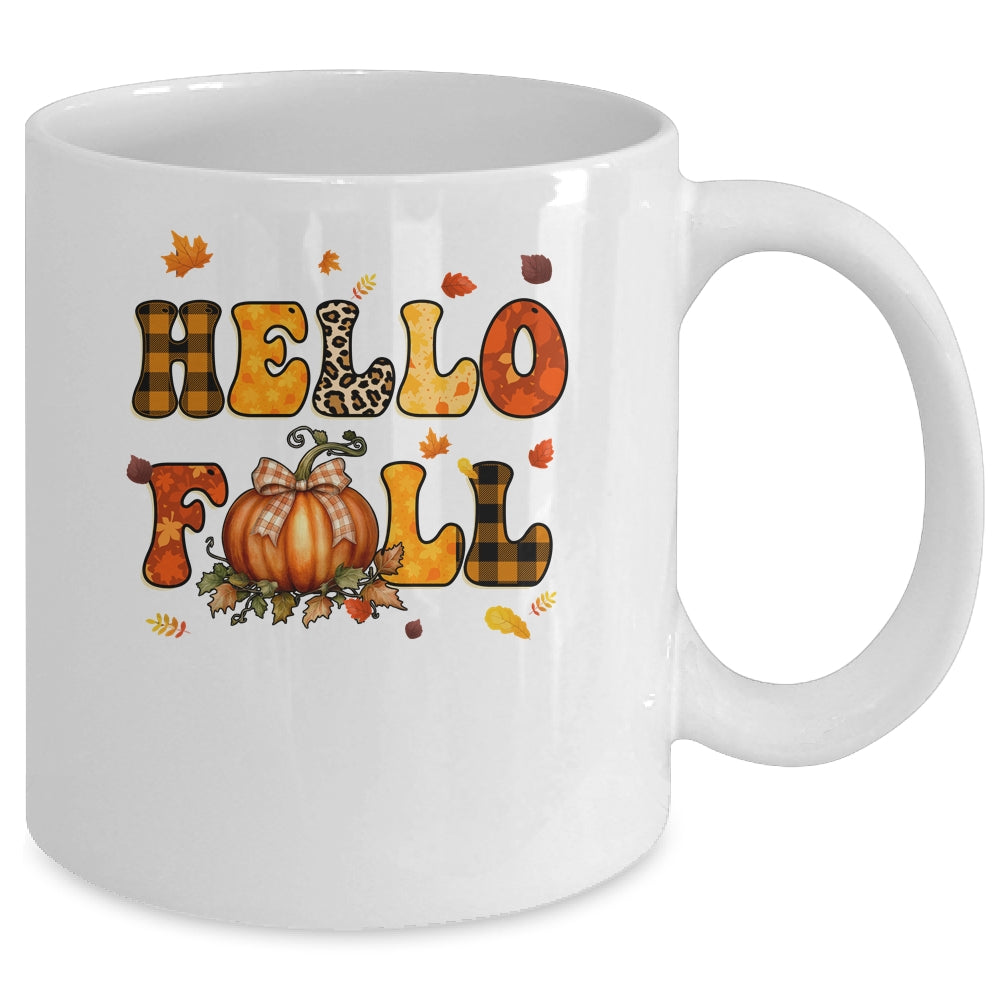Groovy Hello Fall Autumn Maple Leaves Pumpkin Leopard Women Mug | siriusteestore