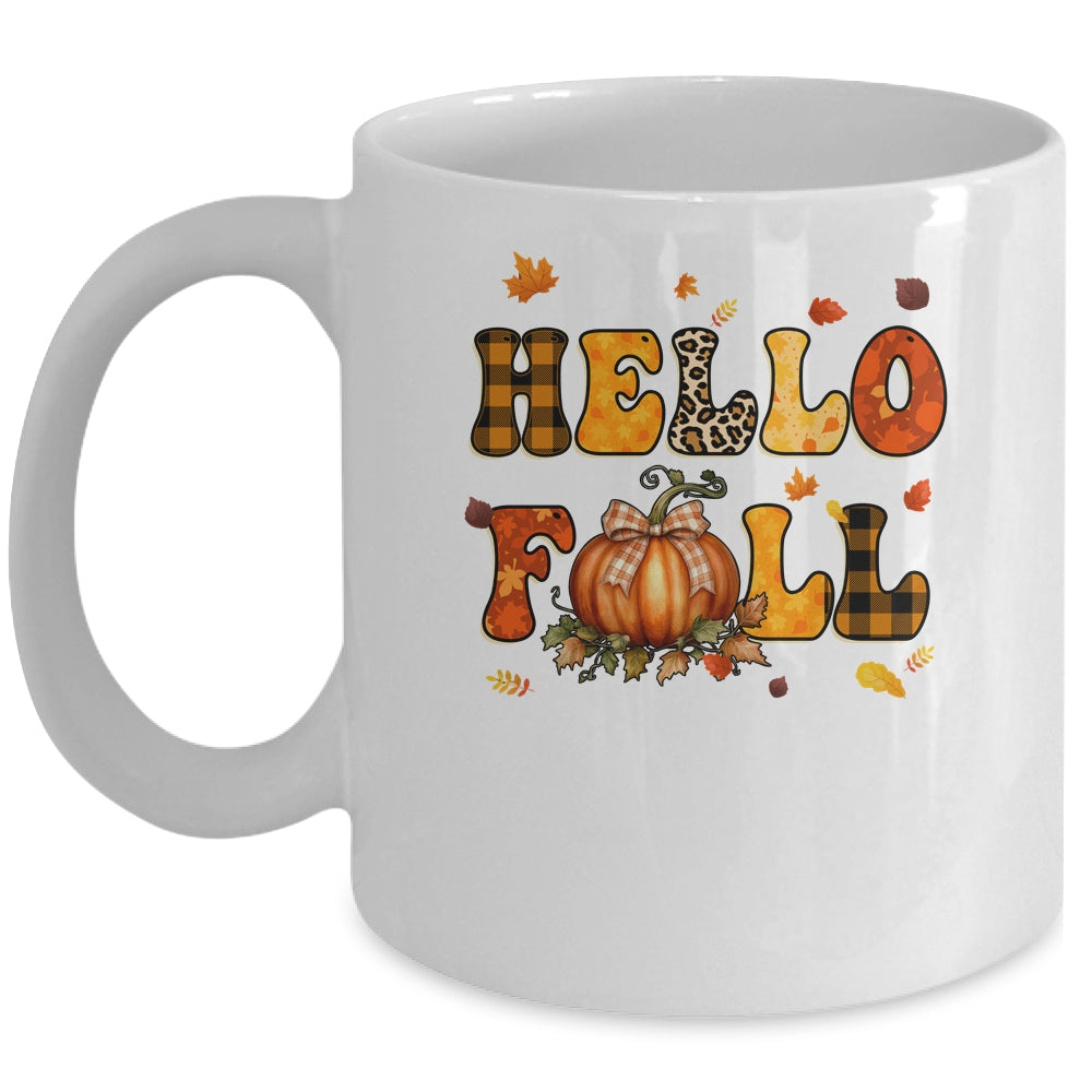 Groovy Hello Fall Autumn Maple Leaves Pumpkin Leopard Women Mug | siriusteestore