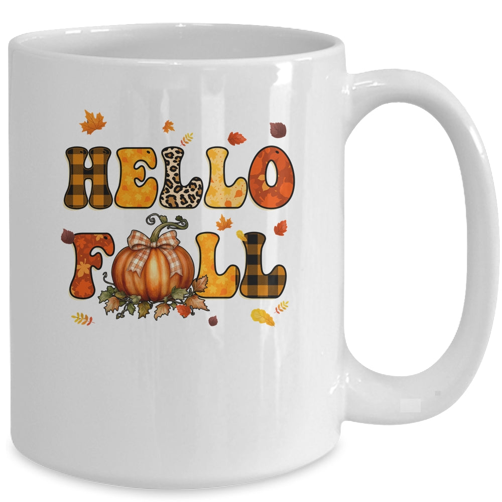 Groovy Hello Fall Autumn Maple Leaves Pumpkin Leopard Women Mug | siriusteestore