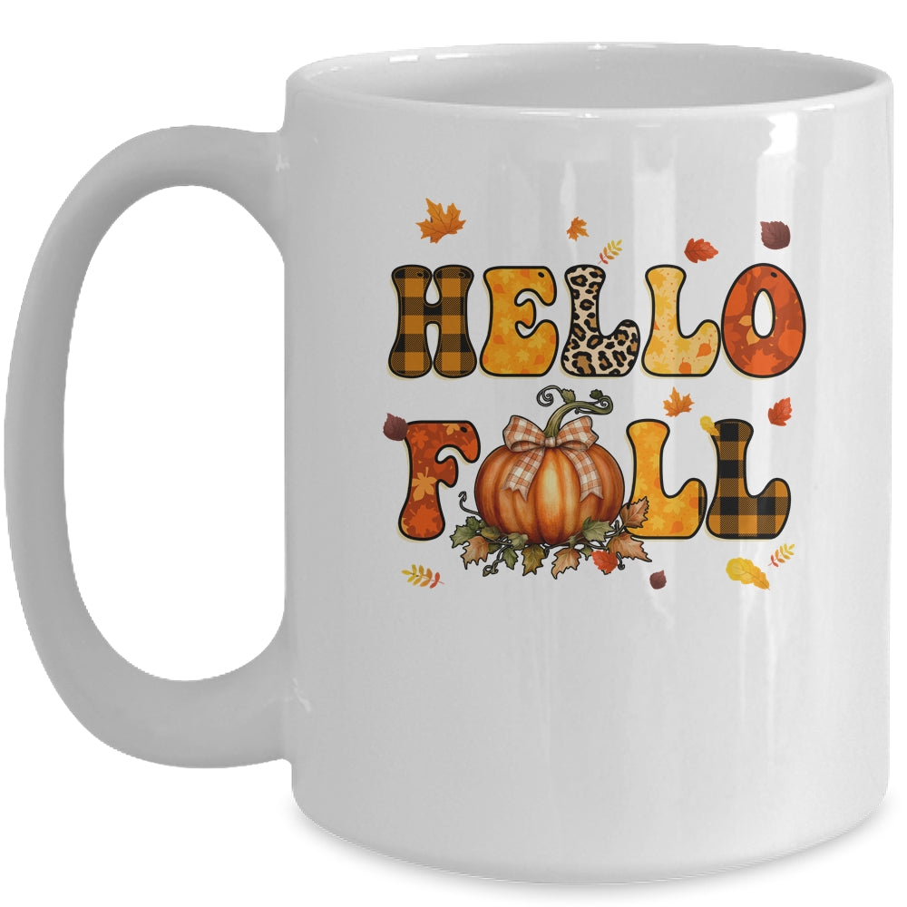 Groovy Hello Fall Autumn Maple Leaves Pumpkin Leopard Women Mug | siriusteestore