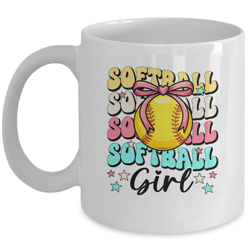 Groovy Softball Girl Girls Coquette Bow Softball Women Mug | siriusteestore