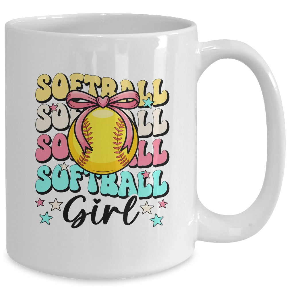 Groovy Softball Girl Girls Coquette Bow Softball Women Mug | siriusteestore
