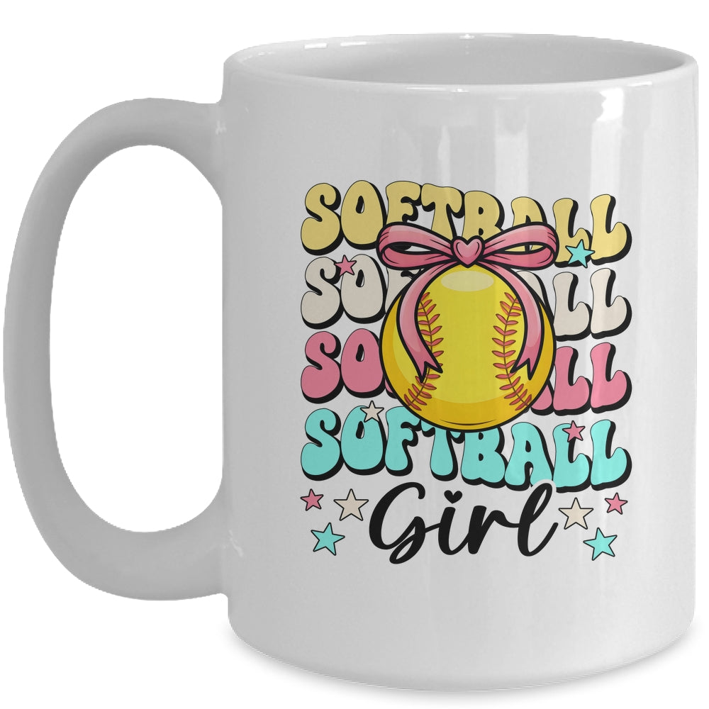 Groovy Softball Girl Girls Coquette Bow Softball Women Mug | siriusteestore