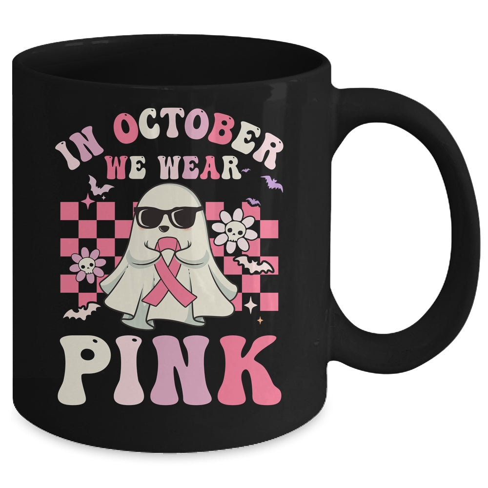 Groovy We Wear Pink Breast Cancer Awareness Ghost Halloween Mug | siriusteestore