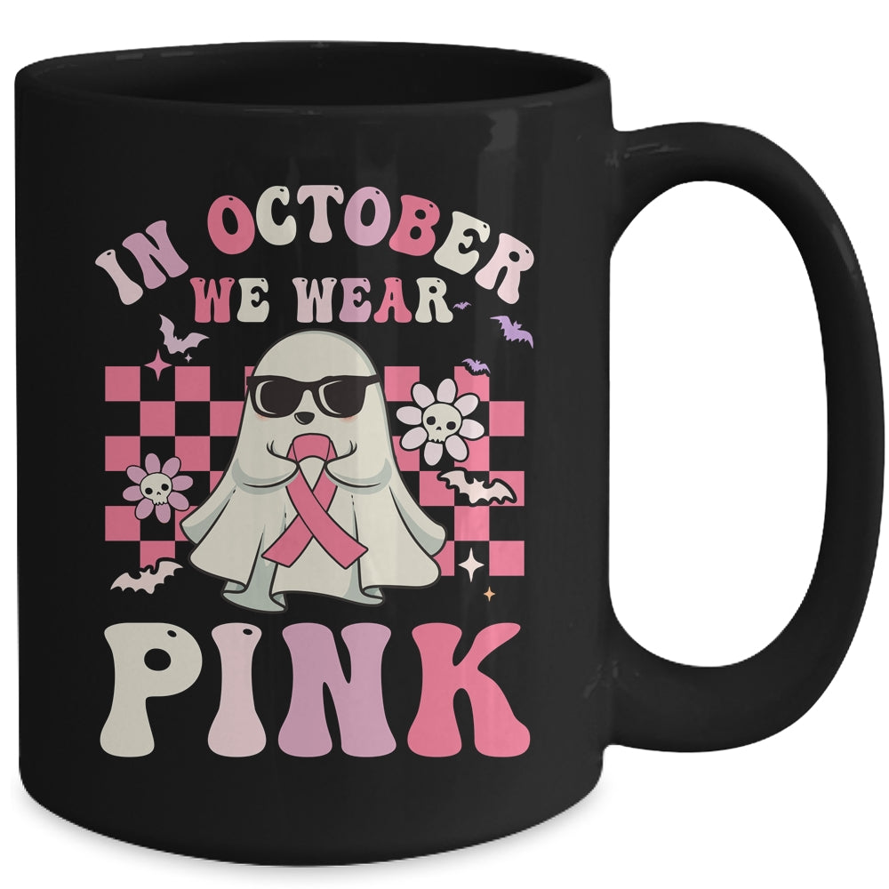 Groovy We Wear Pink Breast Cancer Awareness Ghost Halloween Mug | siriusteestore