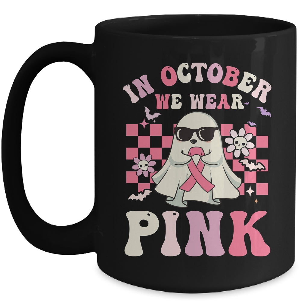Groovy We Wear Pink Breast Cancer Awareness Ghost Halloween Mug | siriusteestore