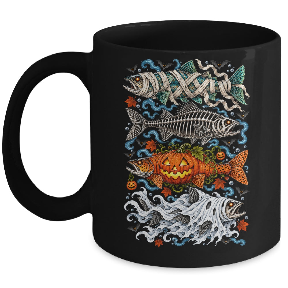Halloween Fishing Trout Fish Ghost Pumpkin Skeleton Mummy Mug | siriusteestore