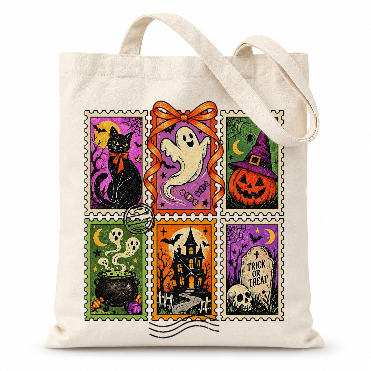 Halloween Stamp Collage Tote Bag Ghost Pumpkin Black Cat Haunted House Trick Or Treat Aesthetic Shoulder Bags Women Halloween Party Favor Candy Bucket Canvas Tote | siriusteestore