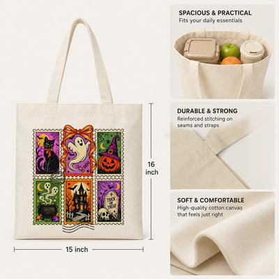 Halloween Stamp Collage Tote Bag Ghost Pumpkin Black Cat Haunted House Trick Or Treat Aesthetic Shoulder Bags Women Halloween Party Favor Candy Bucket Canvas Tote | siriusteestore