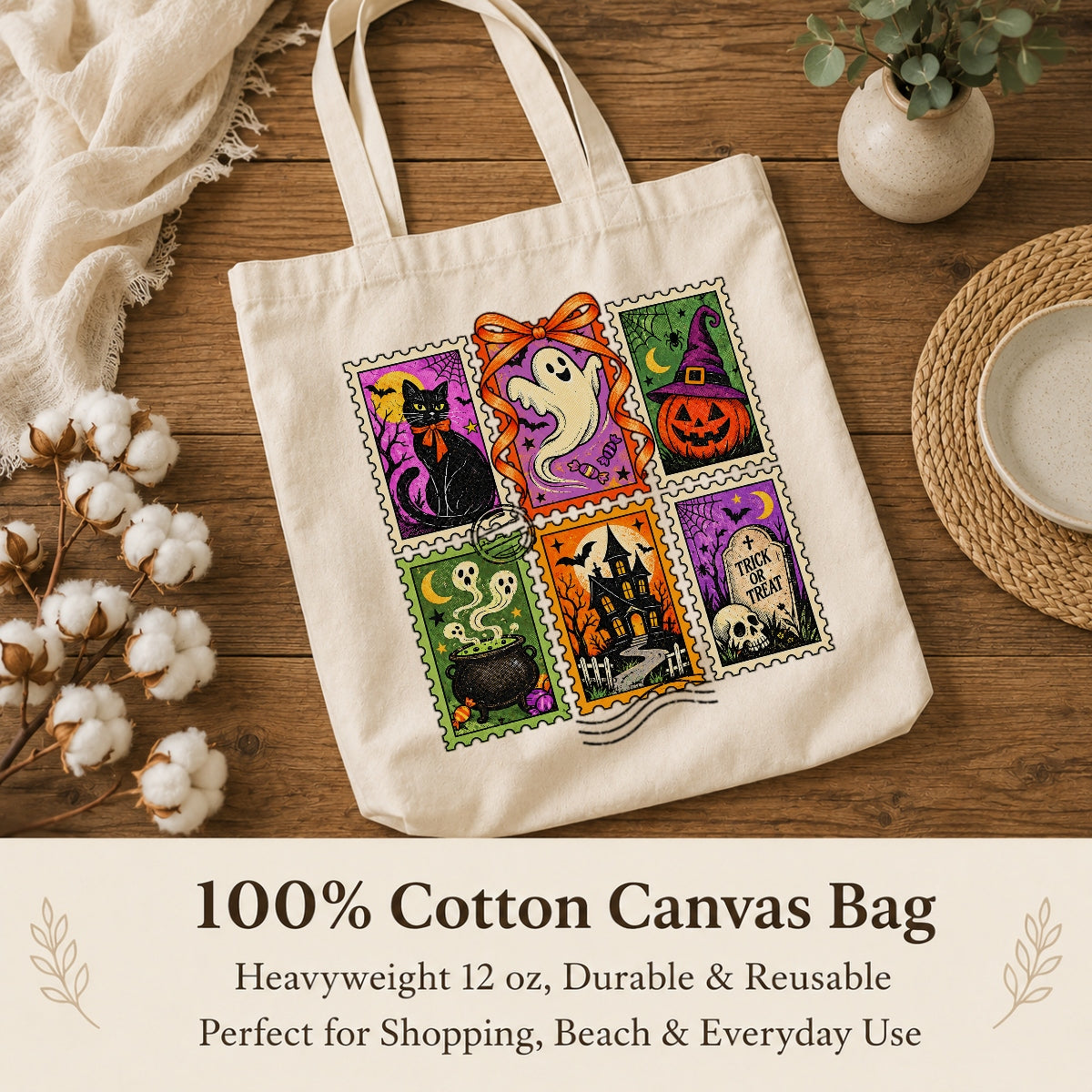 Halloween Stamp Collage Tote Bag Ghost Pumpkin Black Cat Haunted House Trick Or Treat Aesthetic Shoulder Bags Women Halloween Party Favor Candy Bucket Canvas Tote | siriusteestore