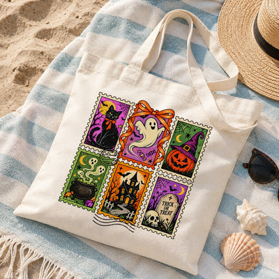 Halloween Stamp Collage Tote Bag Ghost Pumpkin Black Cat Haunted House Trick Or Treat Aesthetic Shoulder Bags Women Halloween Party Favor Candy Bucket Canvas Tote | siriusteestore