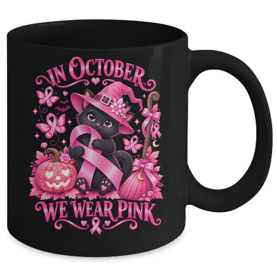 Halloween Witch Black Cat We Wear Pink Ribbon Breast Cancer Mug | siriusteestore