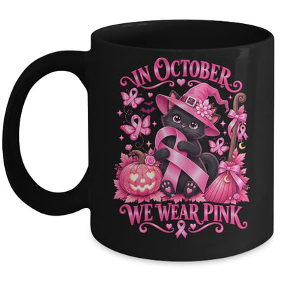 Halloween Witch Black Cat We Wear Pink Ribbon Breast Cancer Mug | siriusteestore