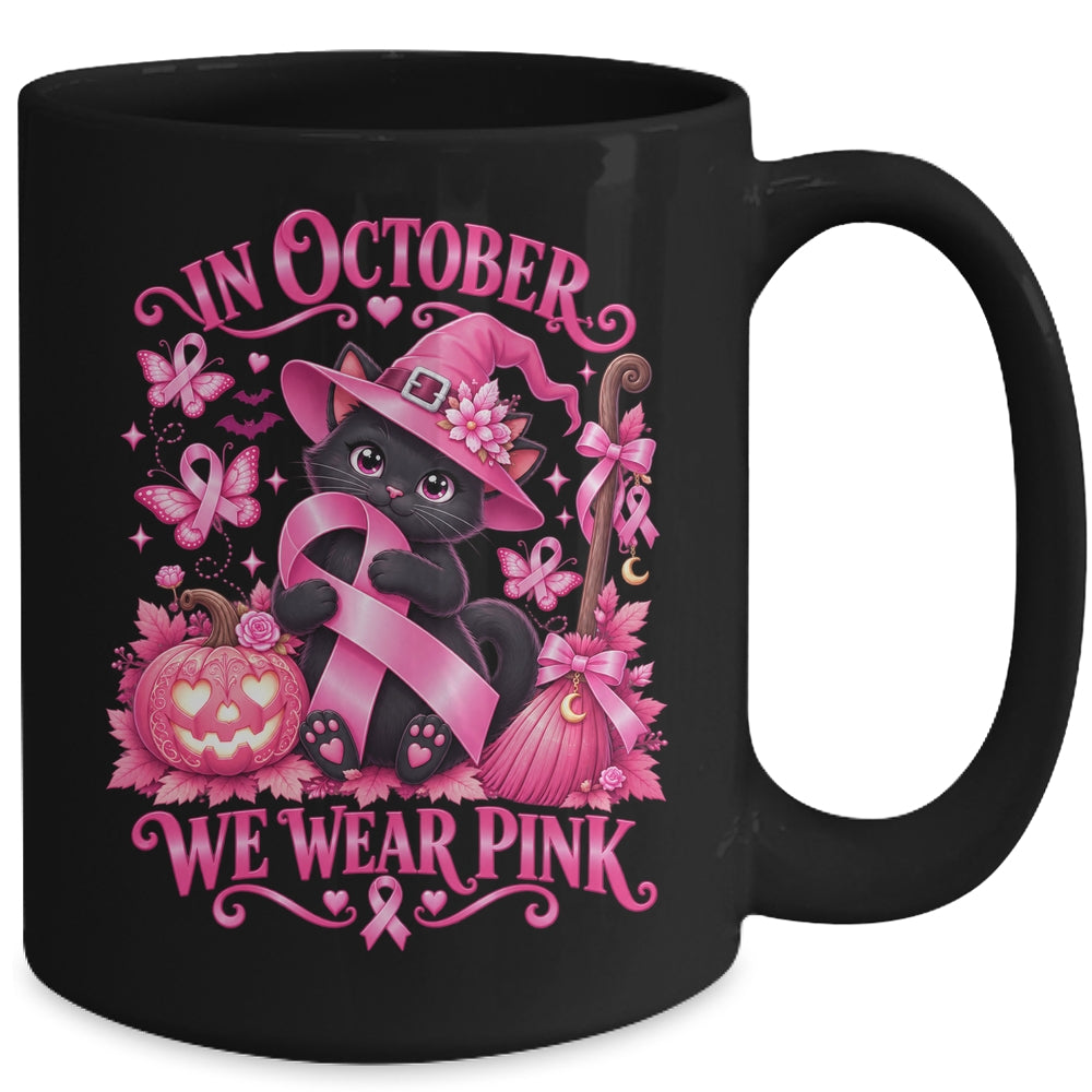 Halloween Witch Black Cat We Wear Pink Ribbon Breast Cancer Mug | siriusteestore