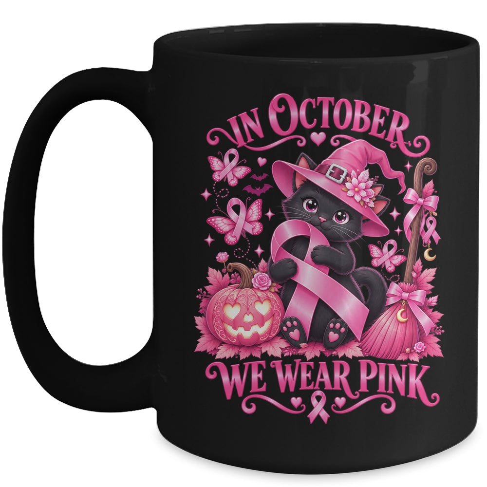 Halloween Witch Black Cat We Wear Pink Ribbon Breast Cancer Mug | siriusteestore