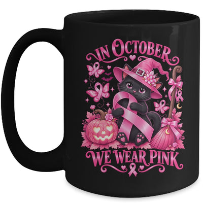 Halloween Witch Black Cat We Wear Pink Ribbon Breast Cancer Mug | siriusteestore