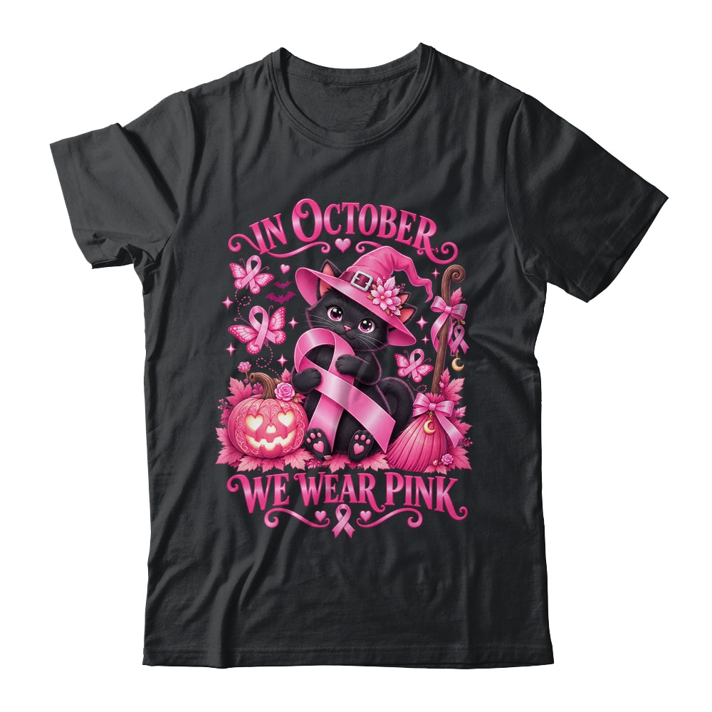 Halloween Witch Black Cat We Wear Pink Ribbon Breast Cancer Shirt & Sweatshirt | siriusteestore