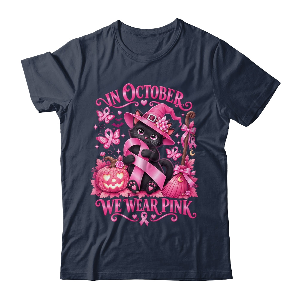 Halloween Witch Black Cat We Wear Pink Ribbon Breast Cancer Shirt & Sweatshirt | siriusteestore