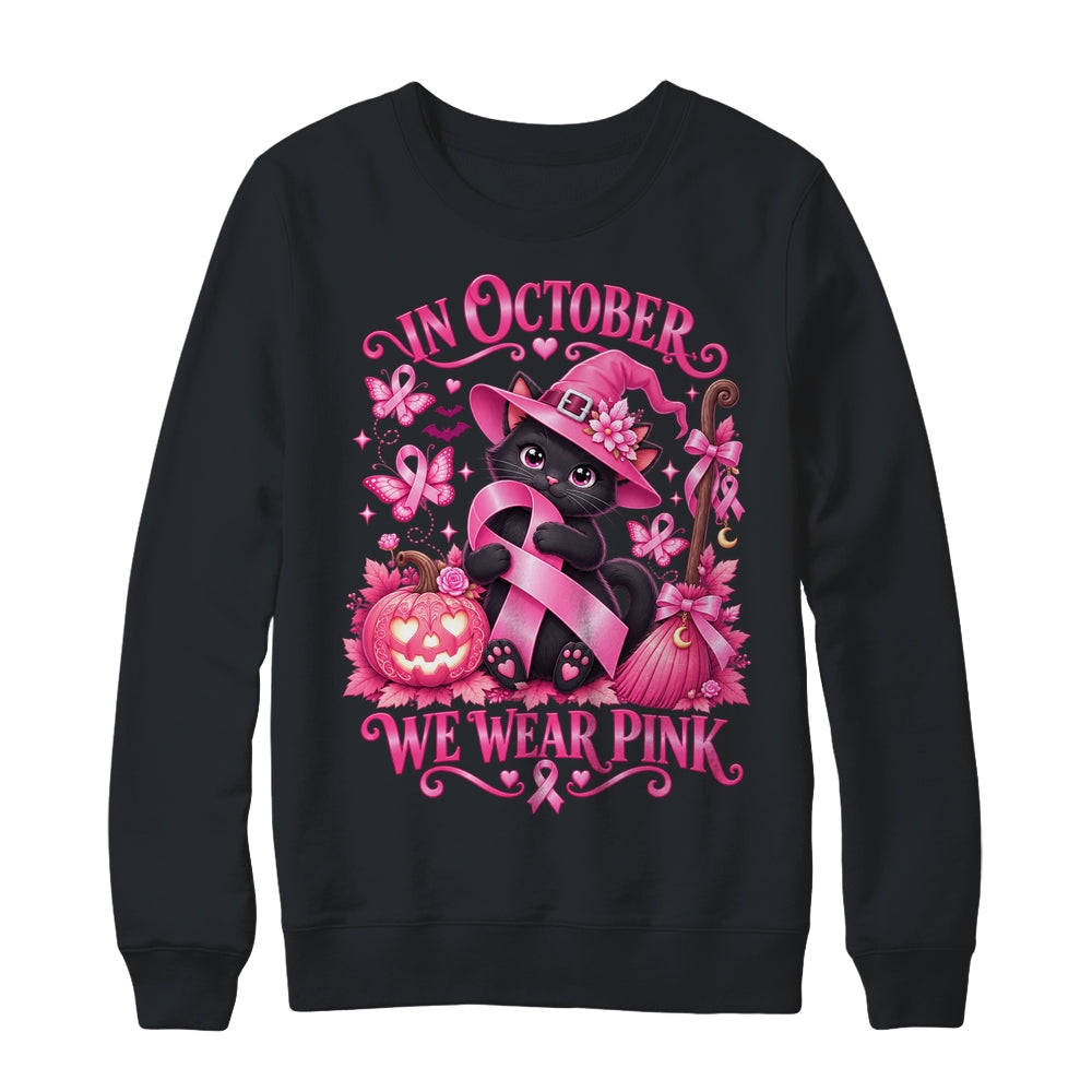 Halloween Witch Black Cat We Wear Pink Ribbon Breast Cancer Shirt & Sweatshirt | siriusteestore