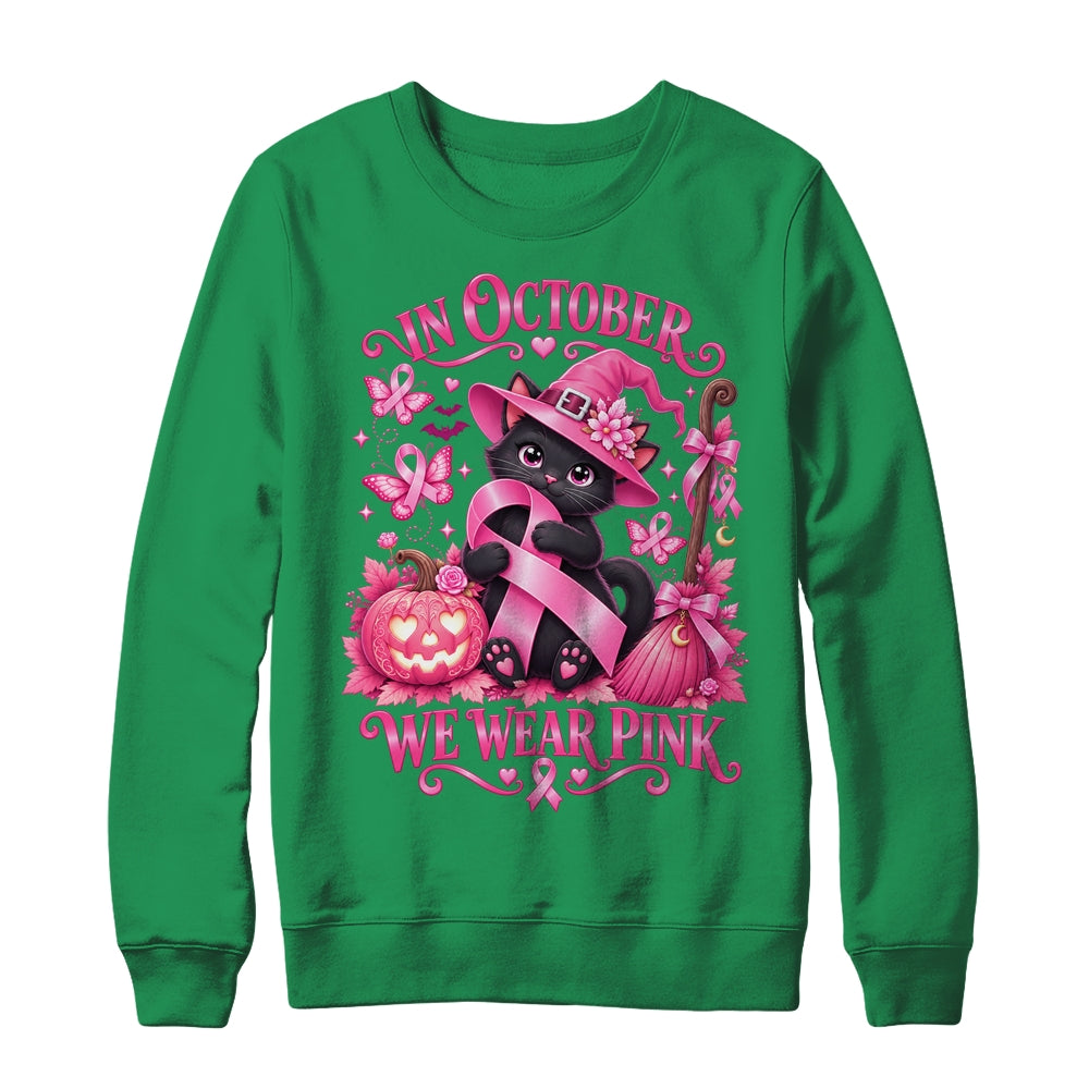 Halloween Witch Black Cat We Wear Pink Ribbon Breast Cancer Shirt & Sweatshirt | siriusteestore