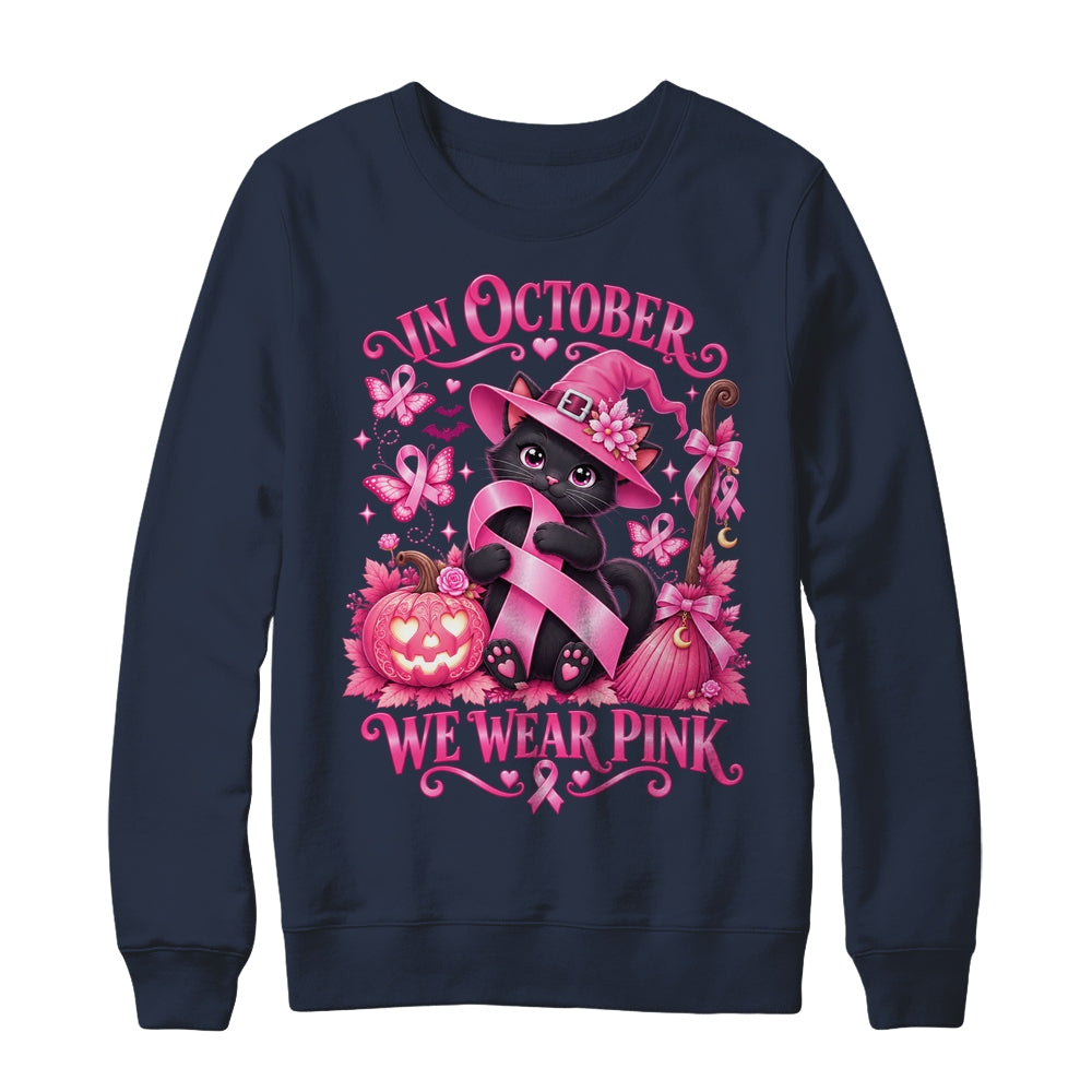 Halloween Witch Black Cat We Wear Pink Ribbon Breast Cancer Shirt & Sweatshirt | siriusteestore