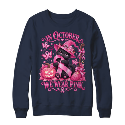 Halloween Witch Black Cat We Wear Pink Ribbon Breast Cancer Shirt & Sweatshirt | siriusteestore