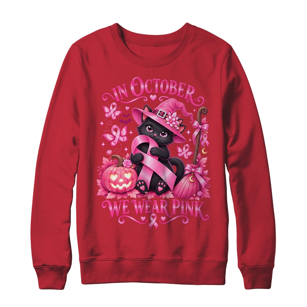 Halloween Witch Black Cat We Wear Pink Ribbon Breast Cancer Shirt & Sweatshirt | siriusteestore