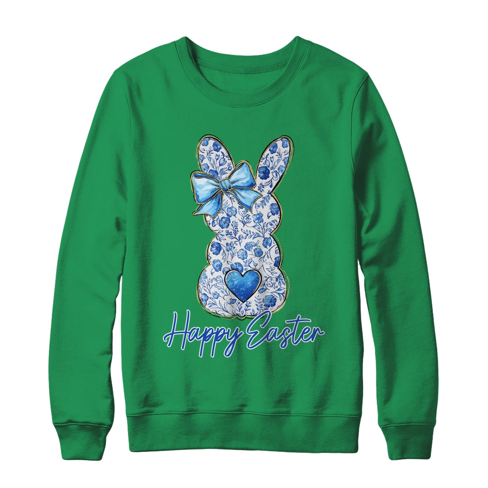 Happy Easter Blue Floral Bunny Easter Rabbit Coquette Girls Shirt & Sweatshirt | siriusteestore