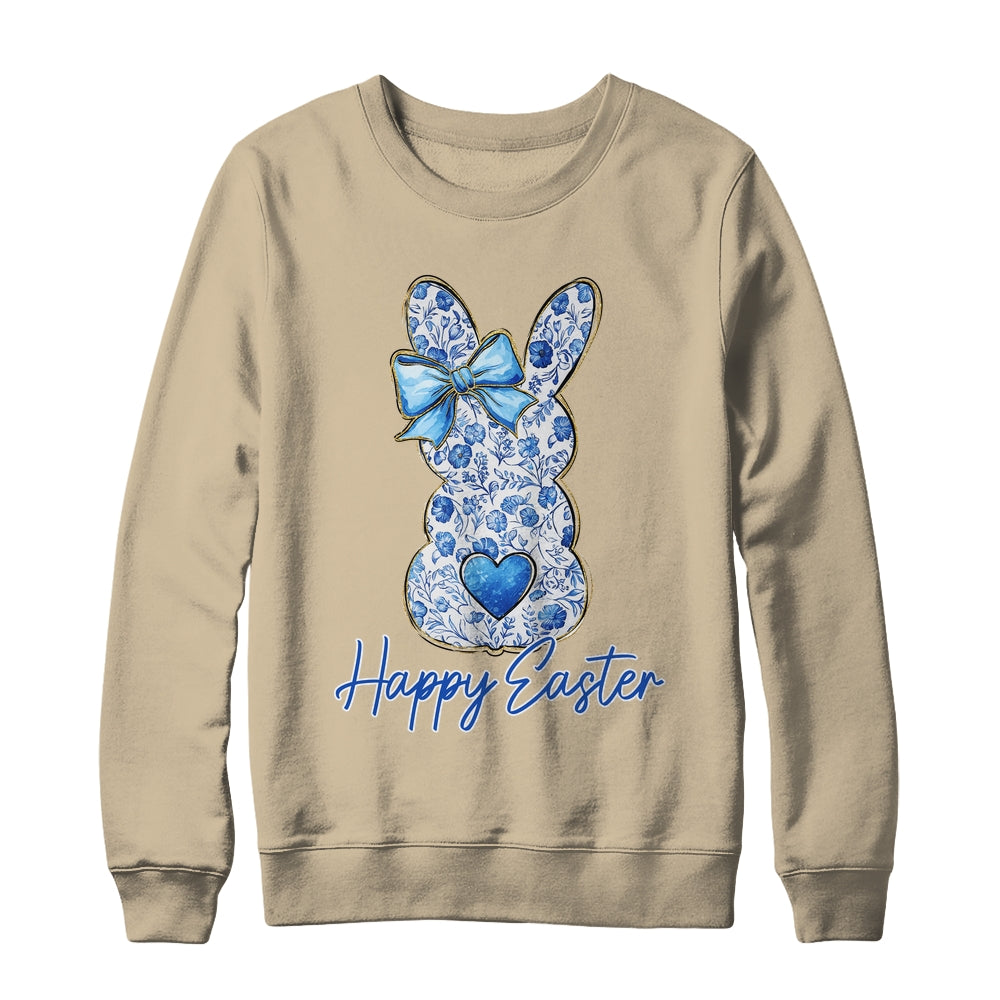 Happy Easter Blue Floral Bunny Easter Rabbit Coquette Girls Shirt & Sweatshirt | siriusteestore