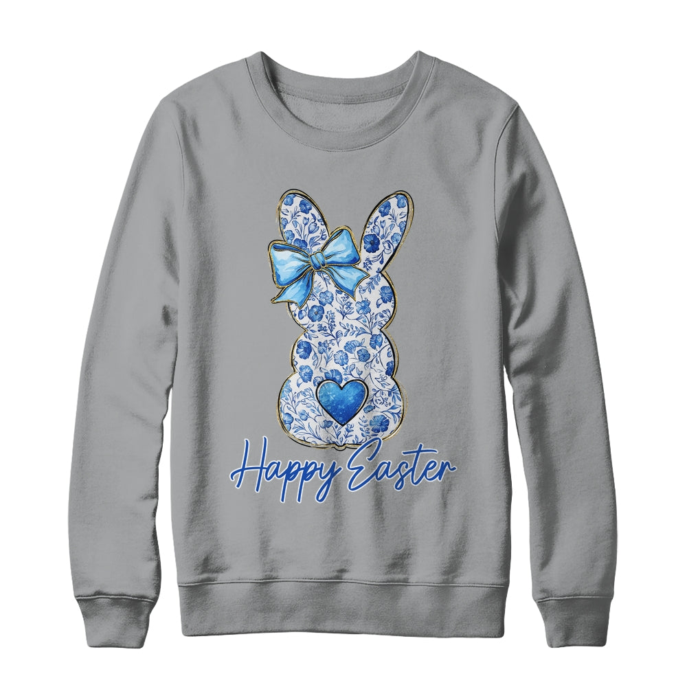 Happy Easter Blue Floral Bunny Easter Rabbit Coquette Girls Shirt & Sweatshirt | siriusteestore