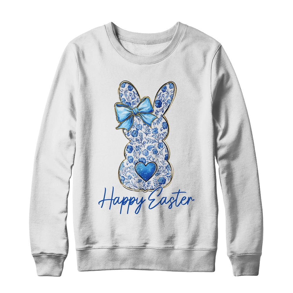 Happy Easter Blue Floral Bunny Easter Rabbit Coquette Girls Shirt & Sweatshirt | siriusteestore
