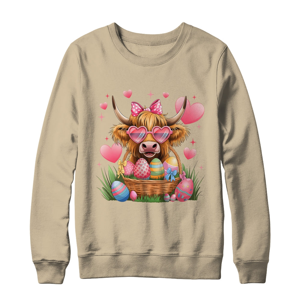 Happy Easter Day Cute Highland Cow Retro Easter Eggs Shirt & Sweatshirt | siriusteestore