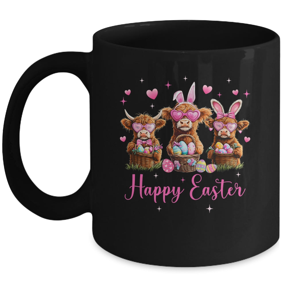 Happy Easter Day Highland Cow Easter Bunny Egg Retro Girls Mug | siriusteestore