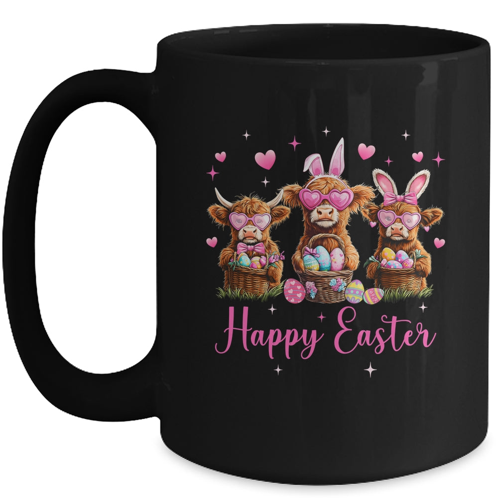 Happy Easter Day Highland Cow Easter Bunny Egg Retro Girls Mug | siriusteestore