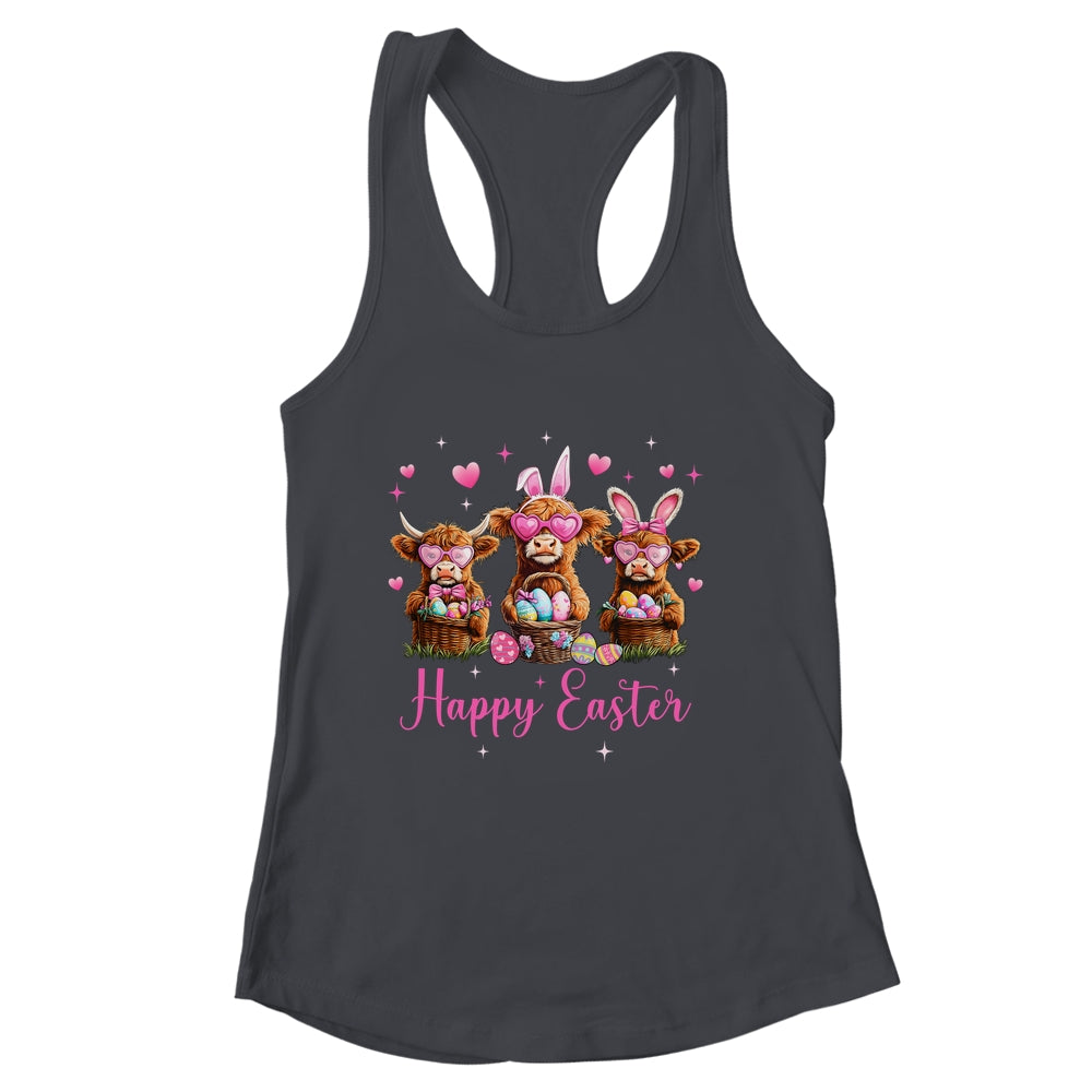 Happy Easter Day Highland Cow Easter Bunny Egg Retro Girls Shirt & Tank Top | siriusteestore