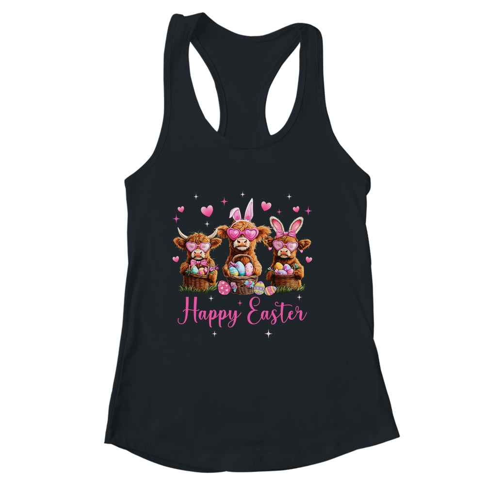 Happy Easter Day Highland Cow Easter Bunny Egg Retro Girls Shirt & Tank Top | siriusteestore