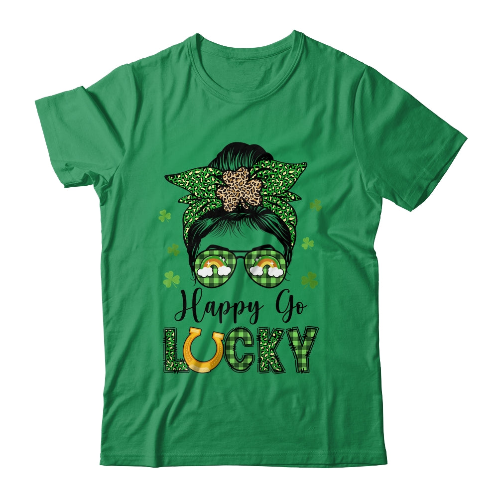 Happy Go Lucky Messy Bun Leopard Shamrock St Patrick's Day Shirt & Hoodie | siriusteestore