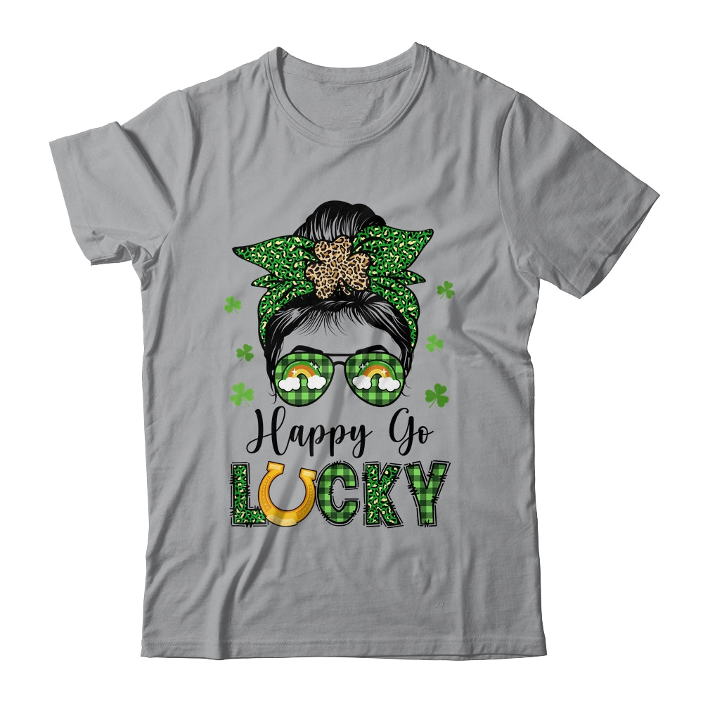Happy Go Lucky Messy Bun Leopard Shamrock St Patrick's Day Shirt & Hoodie | siriusteestore