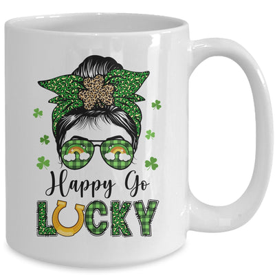 Happy Go Lucky Messy Bun Leopard Shamrock St Patrick's Day Mug | siriusteestore