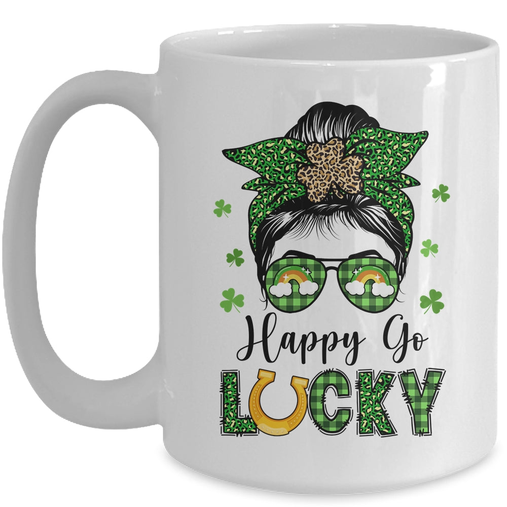 Happy Go Lucky Messy Bun Leopard Shamrock St Patrick's Day Mug | siriusteestore