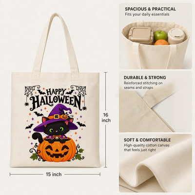 Happy Halloween Black Cat Witch Tote Bags Cute Pumpkin Kitty Spooky Season Reusable Shopping Bag Halloween Gift For Cat Lovers Women Trick Or Treat Bag | siriusteestore