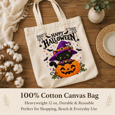 Happy Halloween Black Cat Witch Tote Bags Cute Pumpkin Kitty Spooky Season Reusable Shopping Bag Halloween Gift For Cat Lovers Women Trick Or Treat Bag | siriusteestore