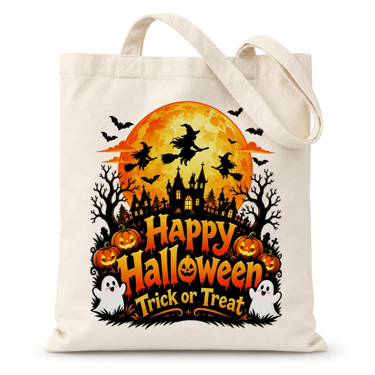 Happy Halloween Trick Or Treat Canvas Tote Bag Spooky Moon Witch Pumpkin Ghost Bat Haunted House Reusable Bags Women Fall Candy Corn Party Gift Shoulder Bag | siriusteestore