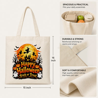 Happy Halloween Trick Or Treat Canvas Tote Bag Spooky Moon Witch Pumpkin Ghost Bat Haunted House Reusable Bags Women Fall Candy Corn Party Gift Shoulder Bag | siriusteestore