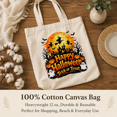 Happy Halloween Trick Or Treat Canvas Tote Bag Spooky Moon Witch Pumpkin Ghost Bat Haunted House Reusable Bags Women Fall Candy Corn Party Gift Shoulder Bag | siriusteestore