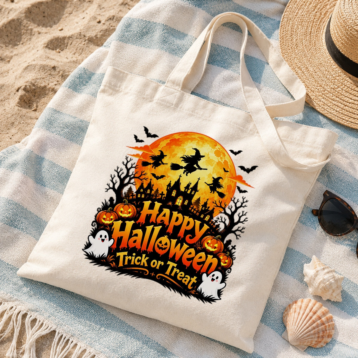 Happy Halloween Trick Or Treat Canvas Tote Bag Spooky Moon Witch Pumpkin Ghost Bat Haunted House Reusable Bags Women Fall Candy Corn Party Gift Shoulder Bag | siriusteestore