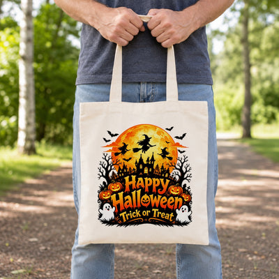 Happy Halloween Trick Or Treat Canvas Tote Bag Spooky Moon Witch Pumpkin Ghost Bat Haunted House Reusable Bags Women Fall Candy Corn Party Gift Shoulder Bag | siriusteestore