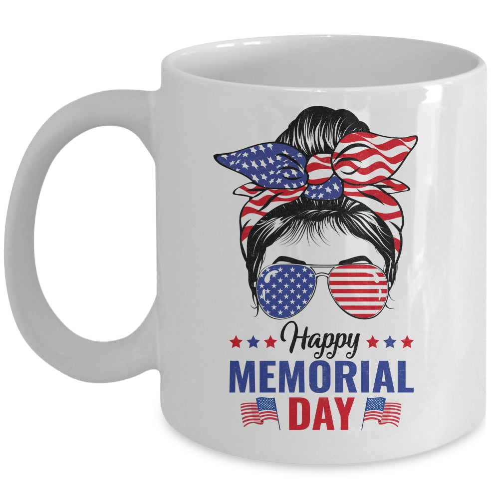 Happy Memorial Day 4th Of July Messy Bun American Flag Mug | siriusteestore