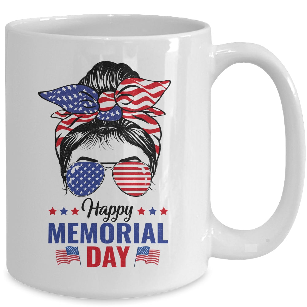 Happy Memorial Day 4th Of July Messy Bun American Flag Mug | siriusteestore