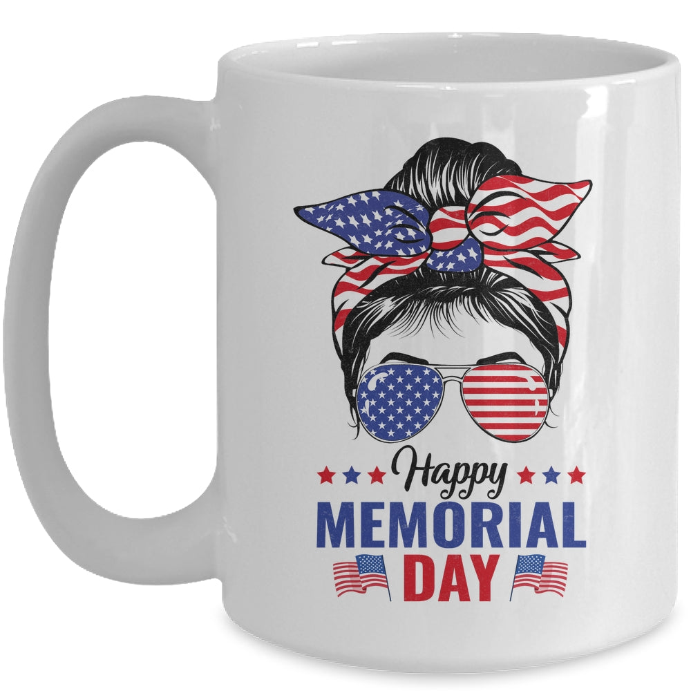 Happy Memorial Day 4th Of July Messy Bun American Flag Mug | siriusteestore